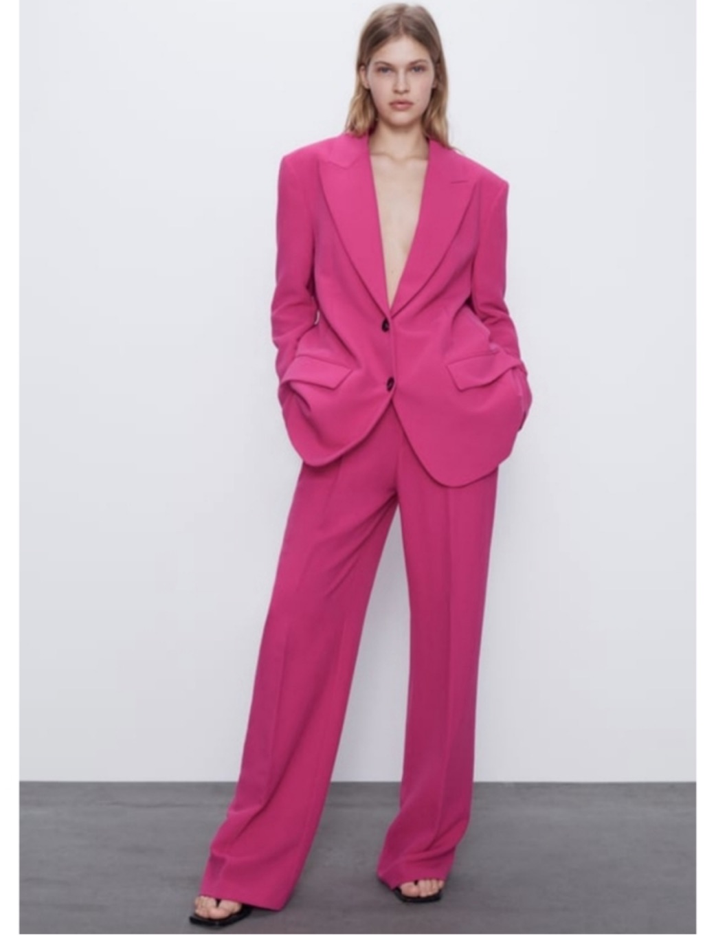 Nwt Htf Zara Blogger Hot Pink Fuschia Pants Suit Set Blazer Pants Slacks